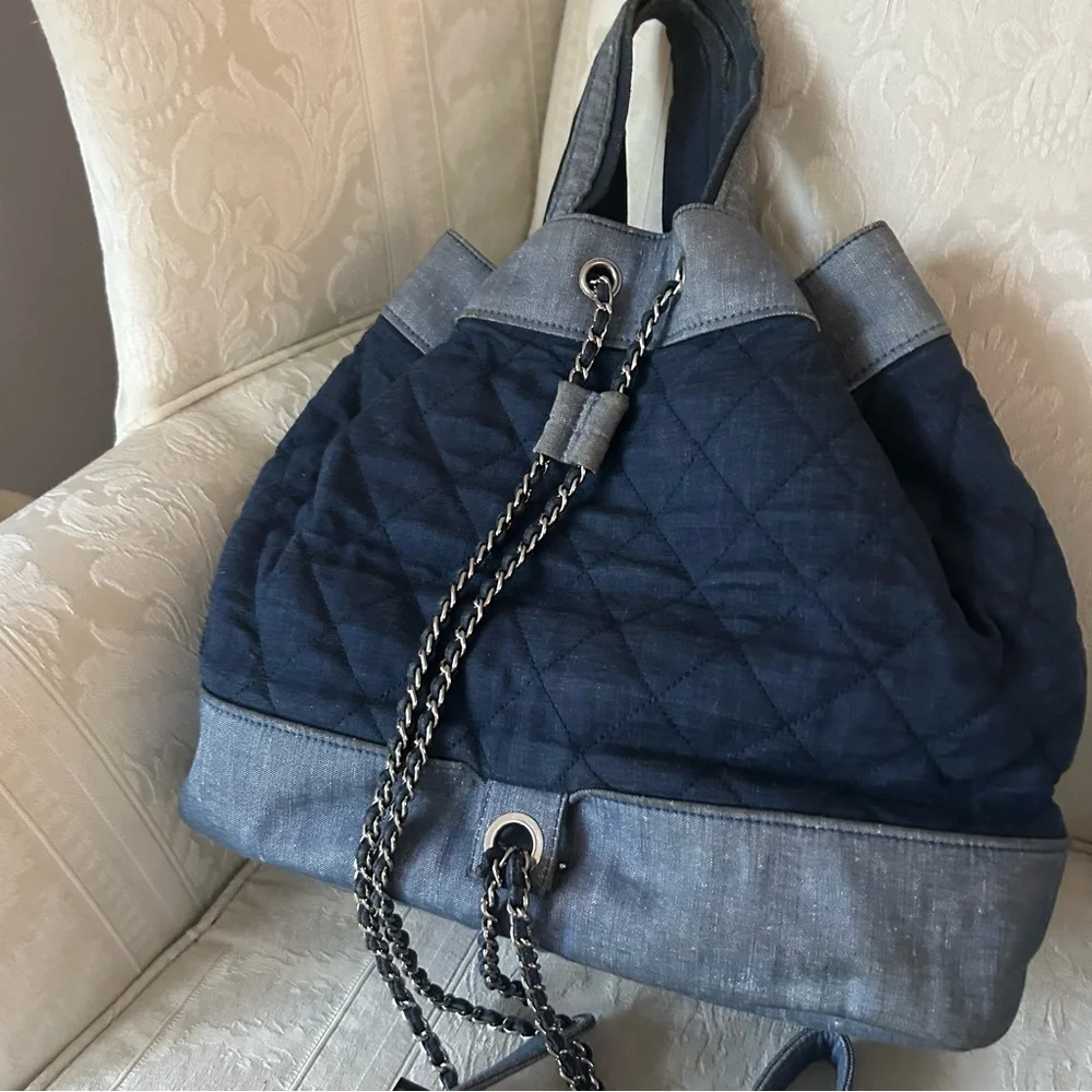 RARE！Chanel 2014 denim 2 tone medallion charm back pack bag/tote bag
